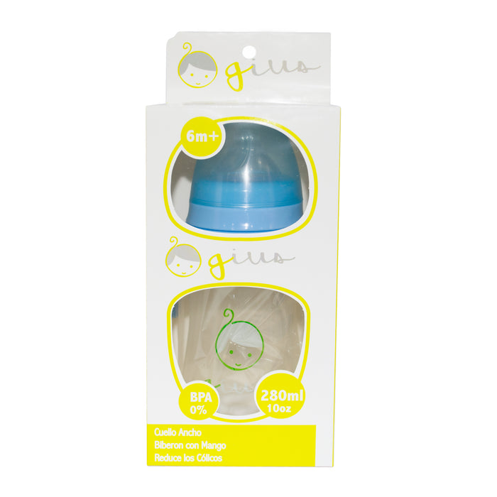 Mamadera Gius Cuello Ancho Con Mango Celeste 6M+ X 280Ml