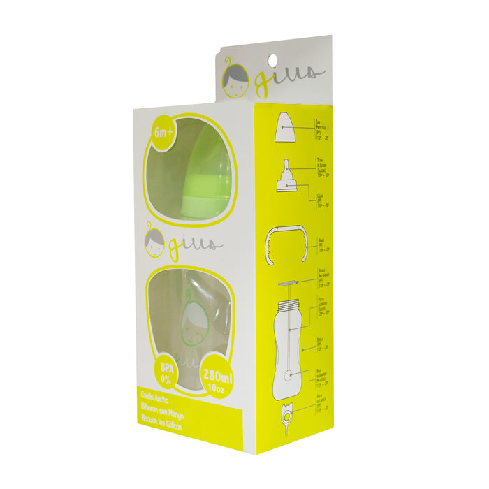 Mamadera Gius Cuello Ancho Con Mango Verde 6M+ X 280Ml