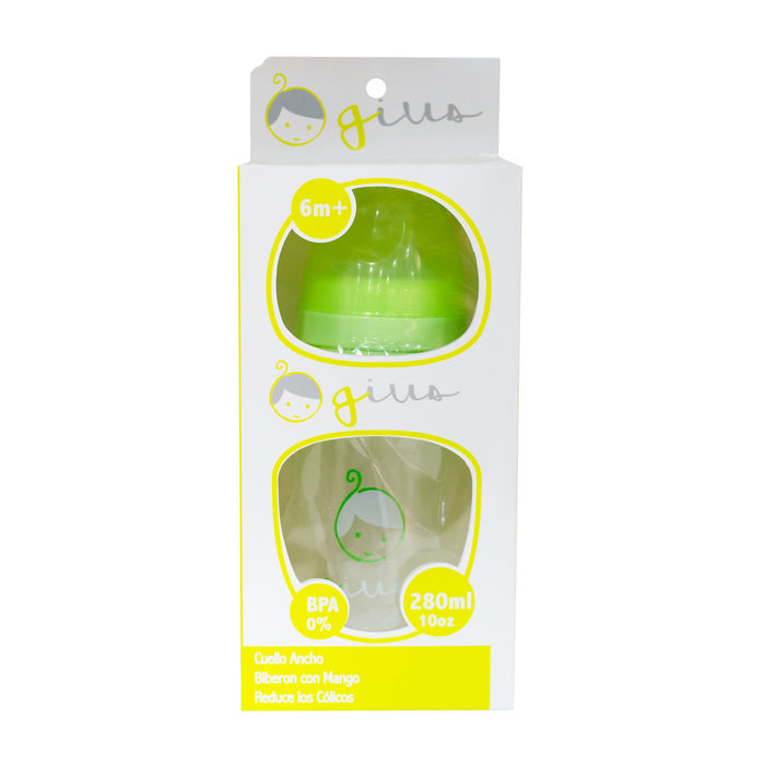 Mamadera Gius Cuello Ancho Con Mango Verde 6M+ X 280Ml