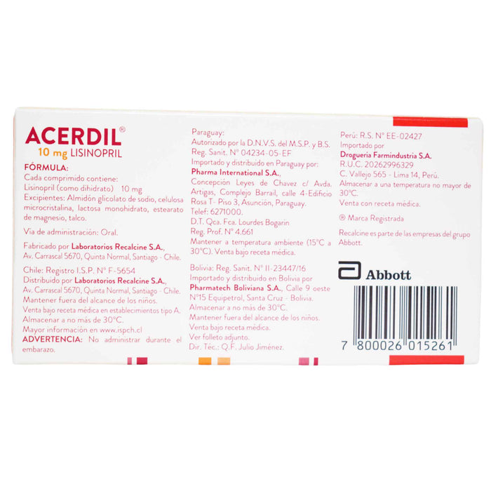 Acerdil 10Mg Lisinopril X 30 Comprimidos