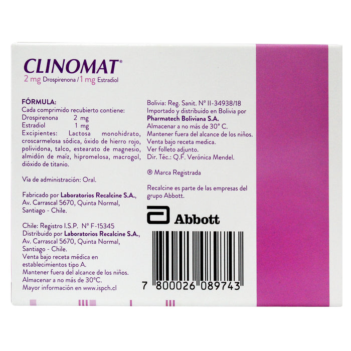 Clinomat Drospirenona 2Mg Y Estradiol 1Mg X 30 Comprimidos