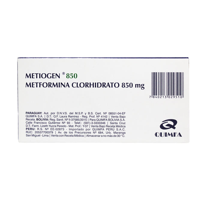 Metiogen Metformina 850Mg X Tableta