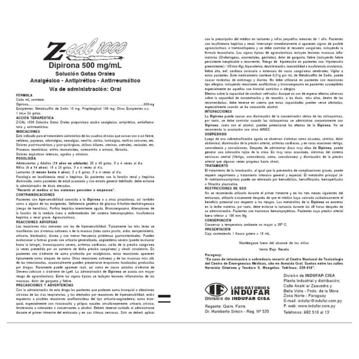 Z-Cal 1000 Dipirona 500Mg/Ml Gotas X 10Ml