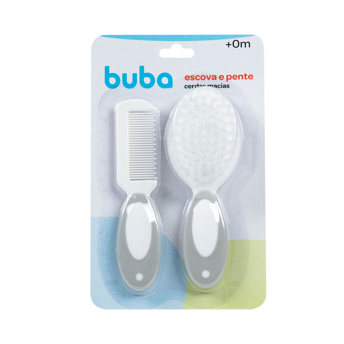 Set Cepillo Y Peine De Cerdas Suaves Buba +0M Gris