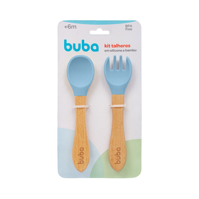 Set De Cubiertos De Silicona Y Bambu Buba +6M Azul