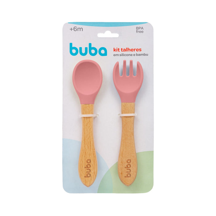 Set De Cubiertos De Silicona Y Bambu Buba +6M Rosa