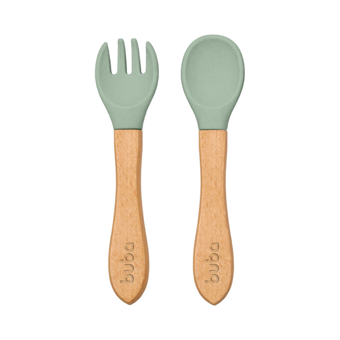 Set De Cubiertos De Silicona Y Bambu Buba +6M Verde
