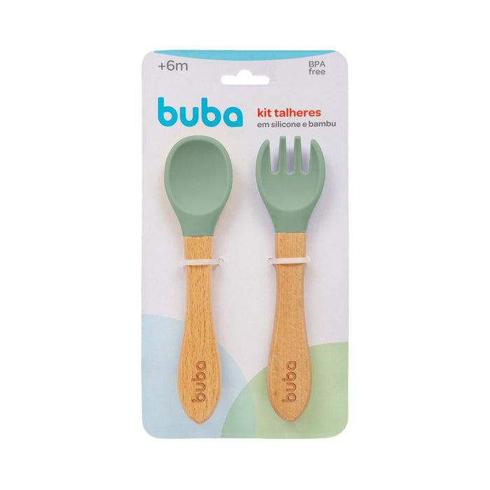 Set De Cubiertos De Silicona Y Bambu Buba +6M Verde