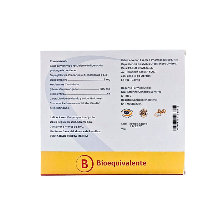 Dapamet Xr 5/1000Mg Dapagliflozina /Metformina X Comprimido