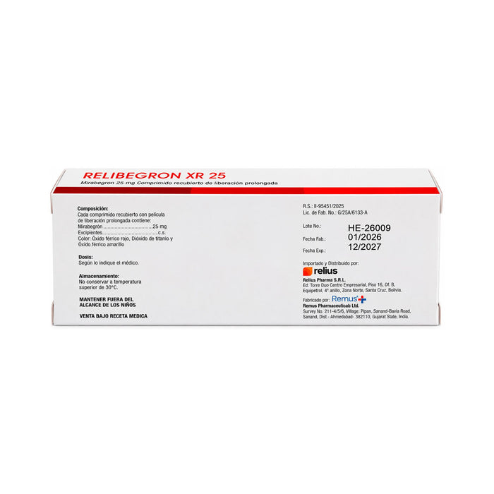 Relibegron Xr 25Mg Mirabegron Liberacion Prolongada X Comprimido