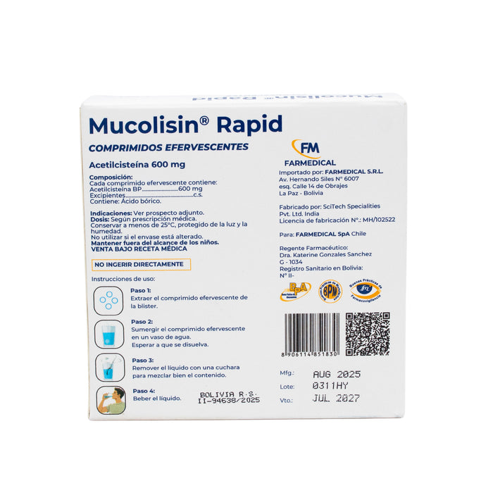 Mucolisin Rapid 600Mg Acetilcisteina X Comprimido Efervescente