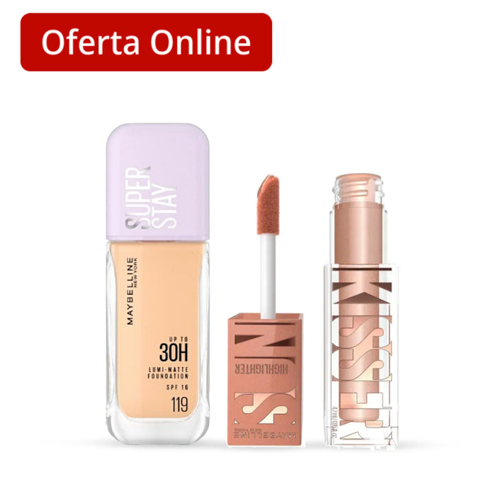 Combo Base Super Stay 30H Lumi-Mate 119 + Iluminador Sunkisser 20 Kiss Of Shimmer
