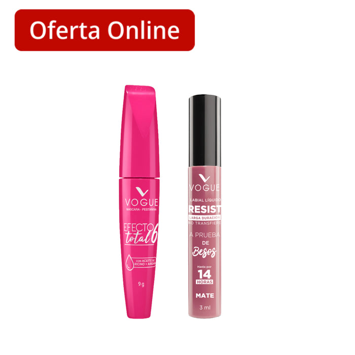 Combo Máscara de Pestañas Vogue Efecto Total + Labial Vogue Resist Encantadora