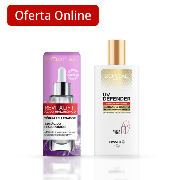 Combo L'oreal Ácido Hialurónico + Protector Solar Uv Defender Fluido Invisible