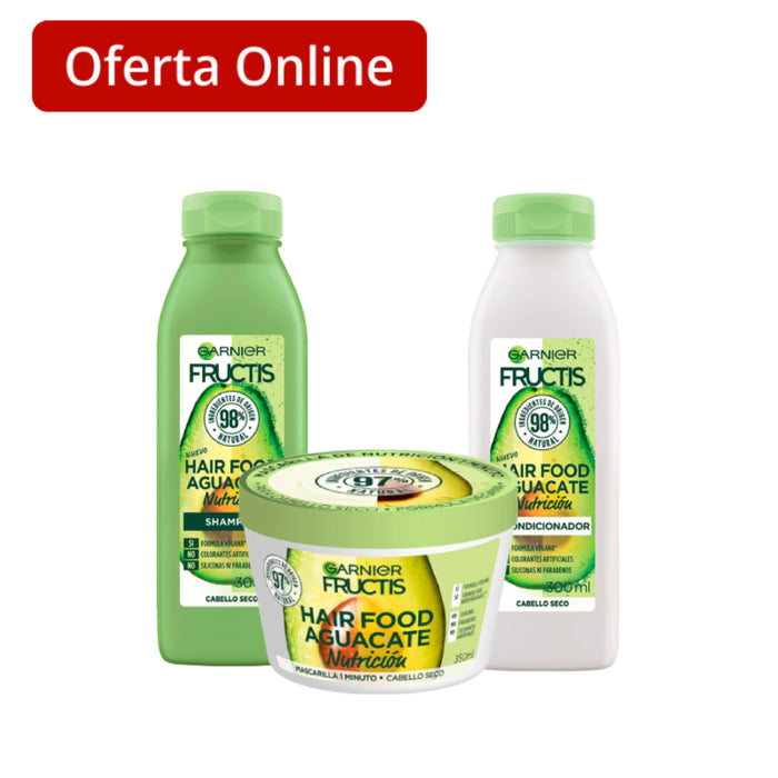 Combo Garnier Fructis Hair Food Mascarilla Nutritiva + Shampoo + Acondicionador Aguacate