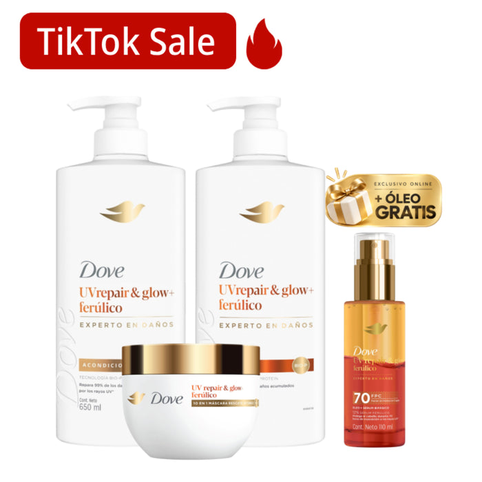 Combo Dove UV Repair & Glow | Shampoo 650 ml + Acondicionador 650 ml + Máscara 250 g + Óleo 110 ml Gratis