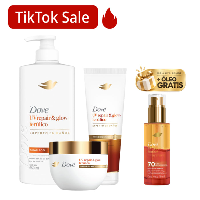 Combo Dove UV Repair & Glow | Acondicionador 250 ml + Shampoo 650 ml + Máscara 250 g + Óleo 110 ml Gratis