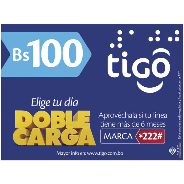 Tigo Tarjeta Prepago 100Bs X Unidad