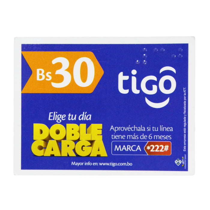 Tigo Tarjeta Prepago 30Bs X Unidad