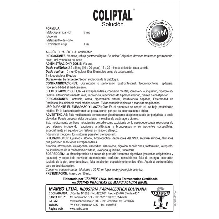 Coliptal Metoclopramida 5Mg/Ml Gota X 30Ml