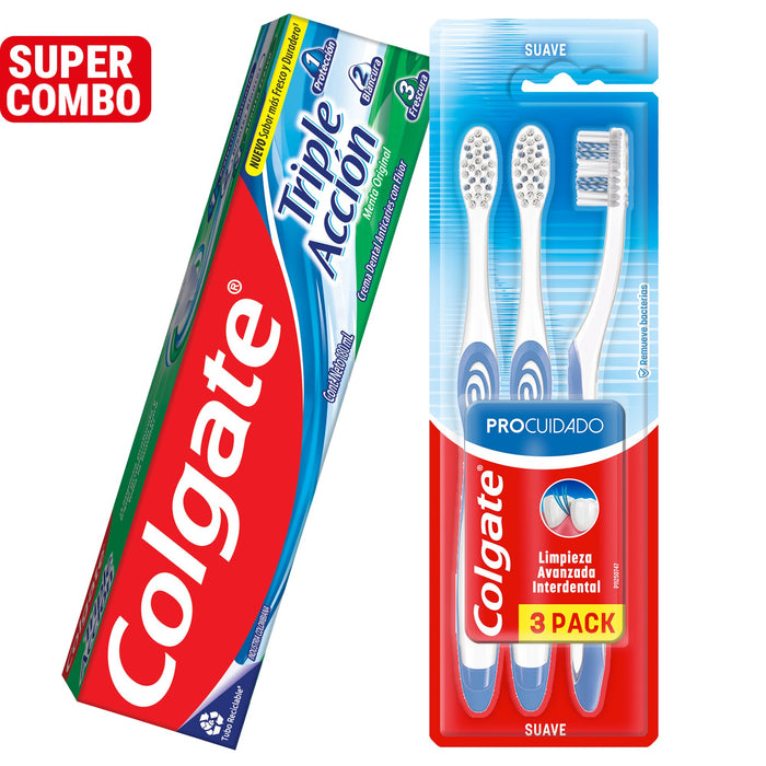 Combo Colgate Triple Acción + Cepillo Pro Cuidado Suave 3 Unidades